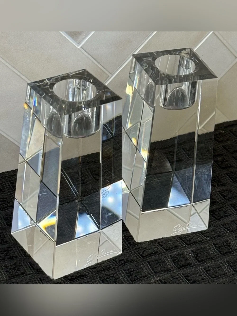 Oleg Cassini Signed Clear Crystal Candlestick Holders Pair 4